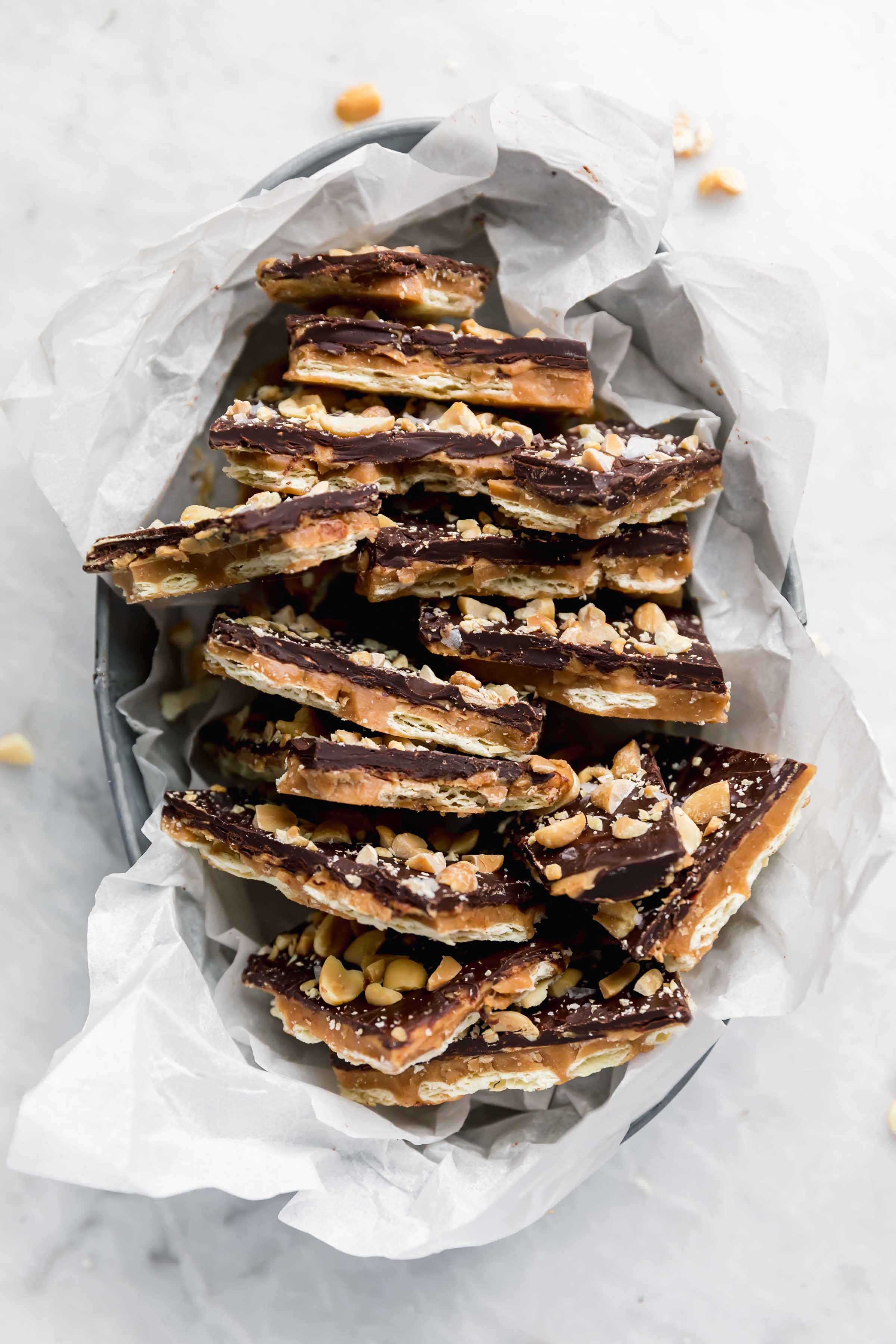 overhead shot of peanut butter saltine toffee bark