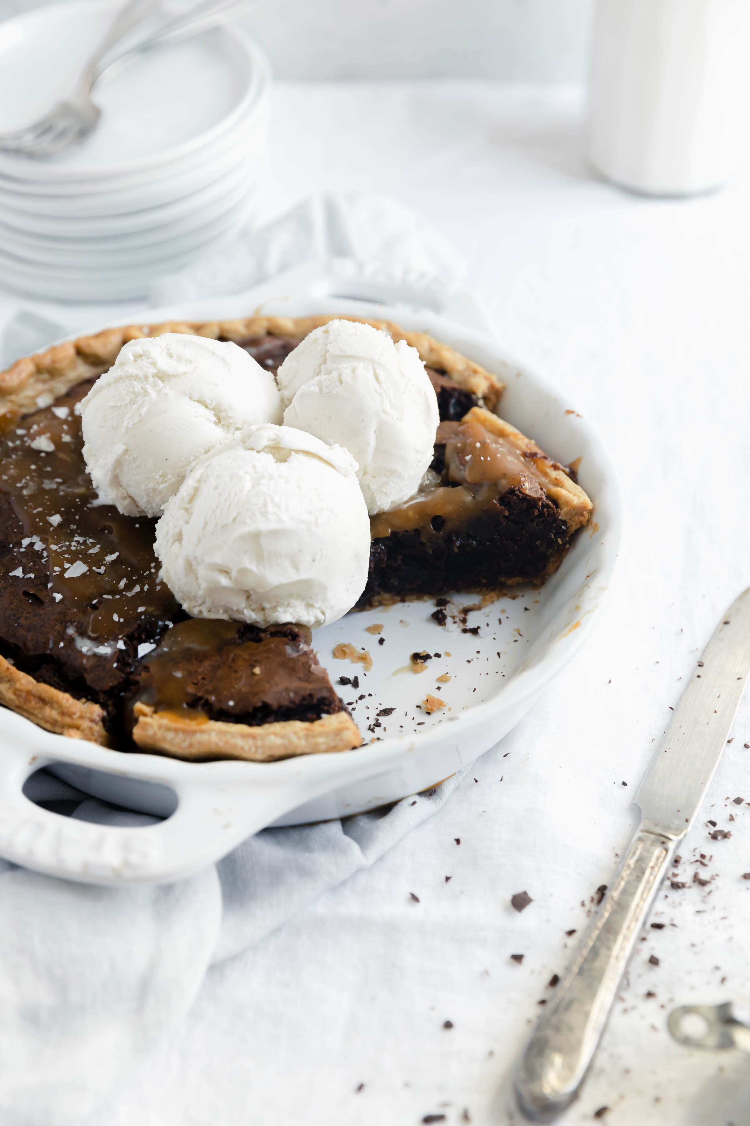 This salted caramel brownie pie is a lazy girl's dream. Made with a store bought brownie mix, pie crust, and premade caramel sauce,this pie comes together in a pinch!