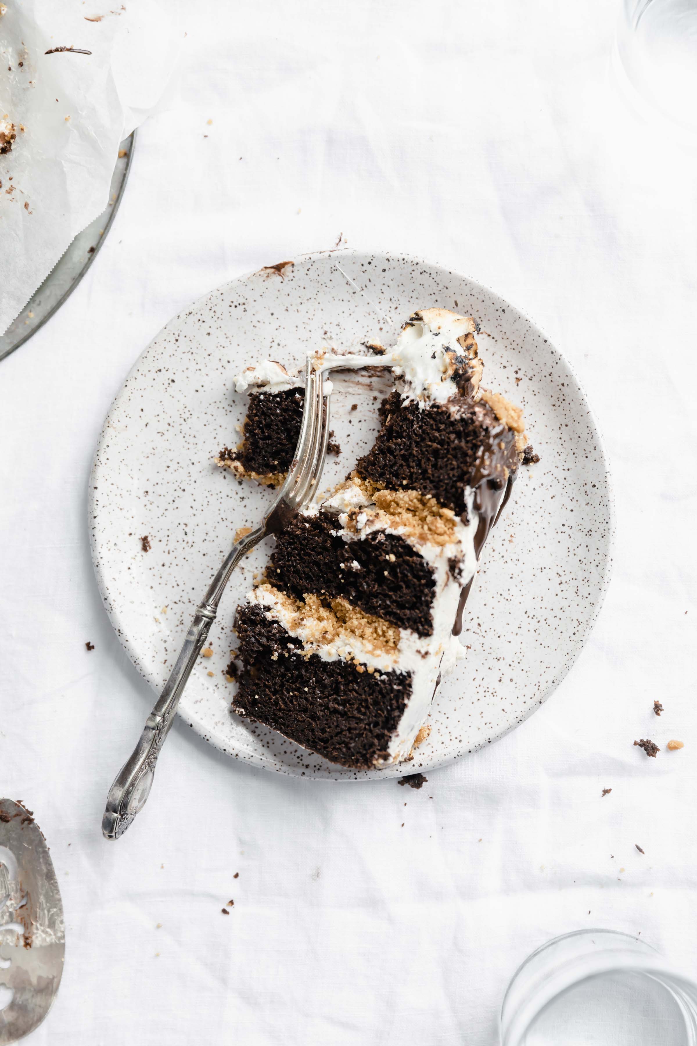 s'more cake slice with fork