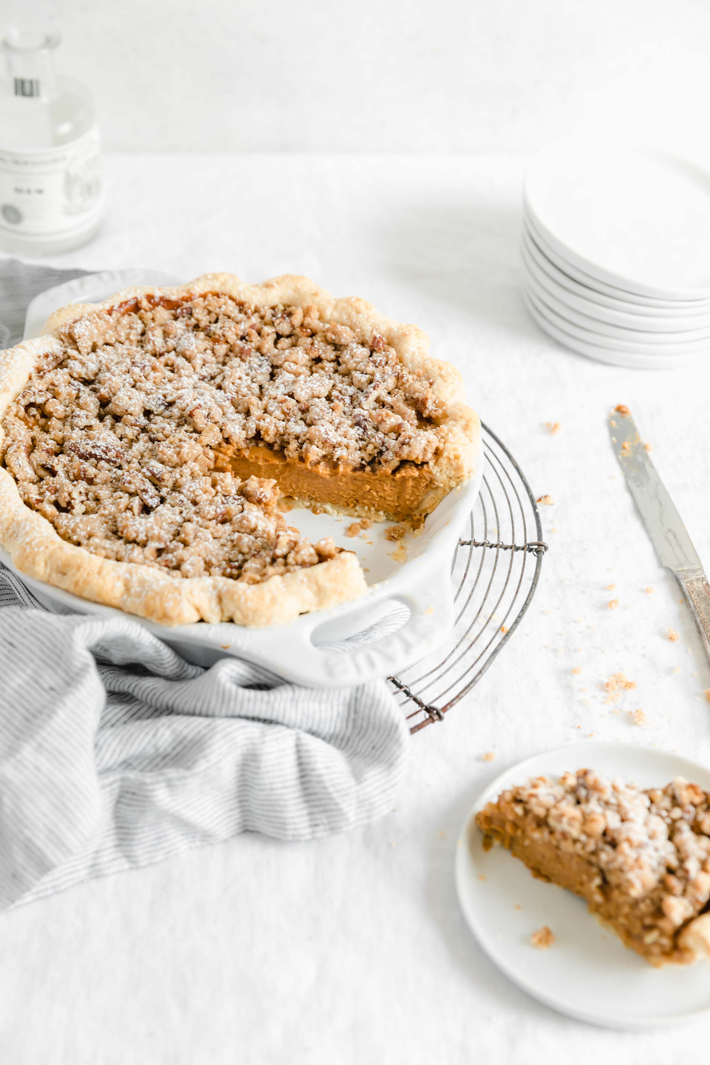 Silky smooth sweet potato crumble pie with a decadent streusel topping