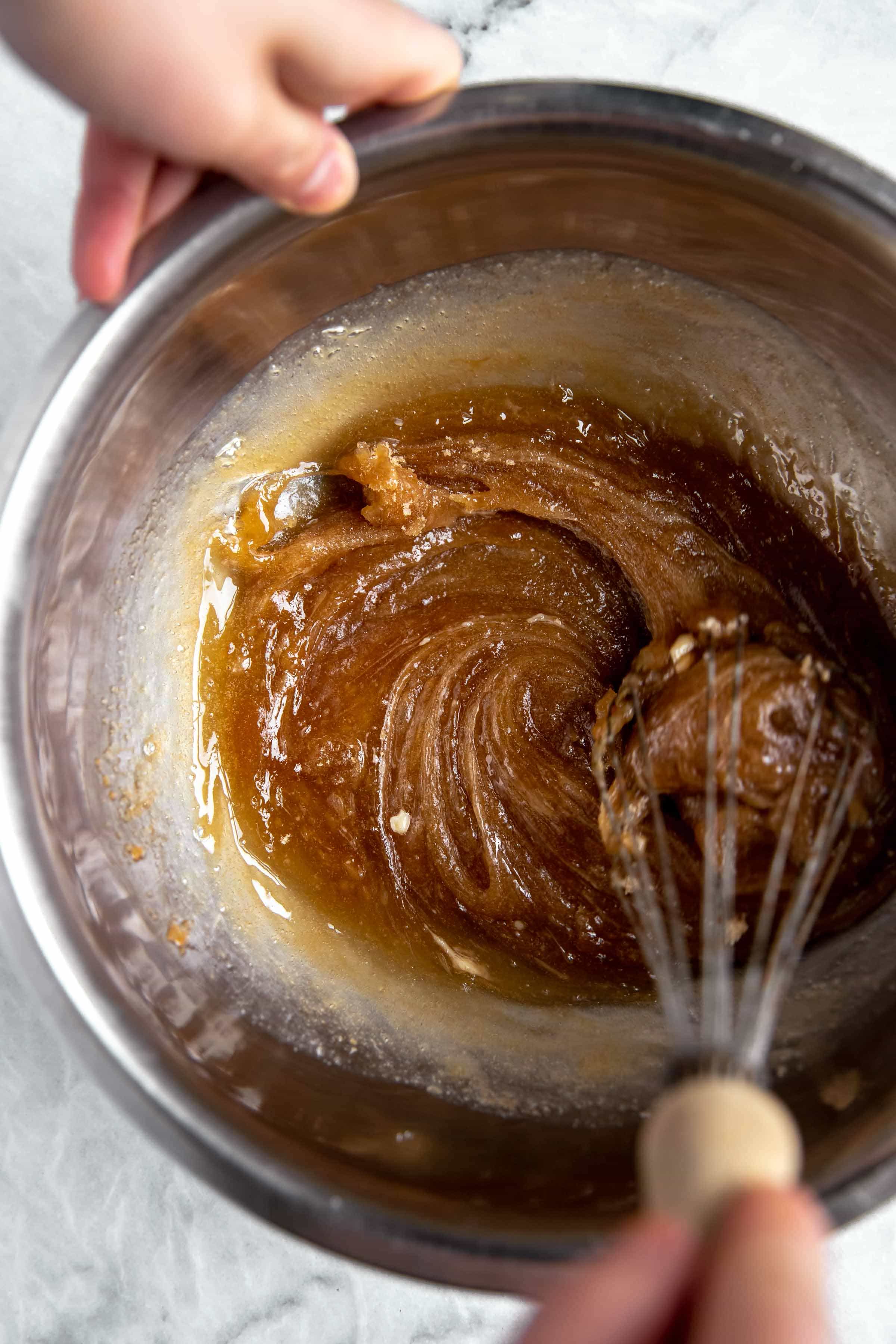 overhead process shot of pecan pie filling