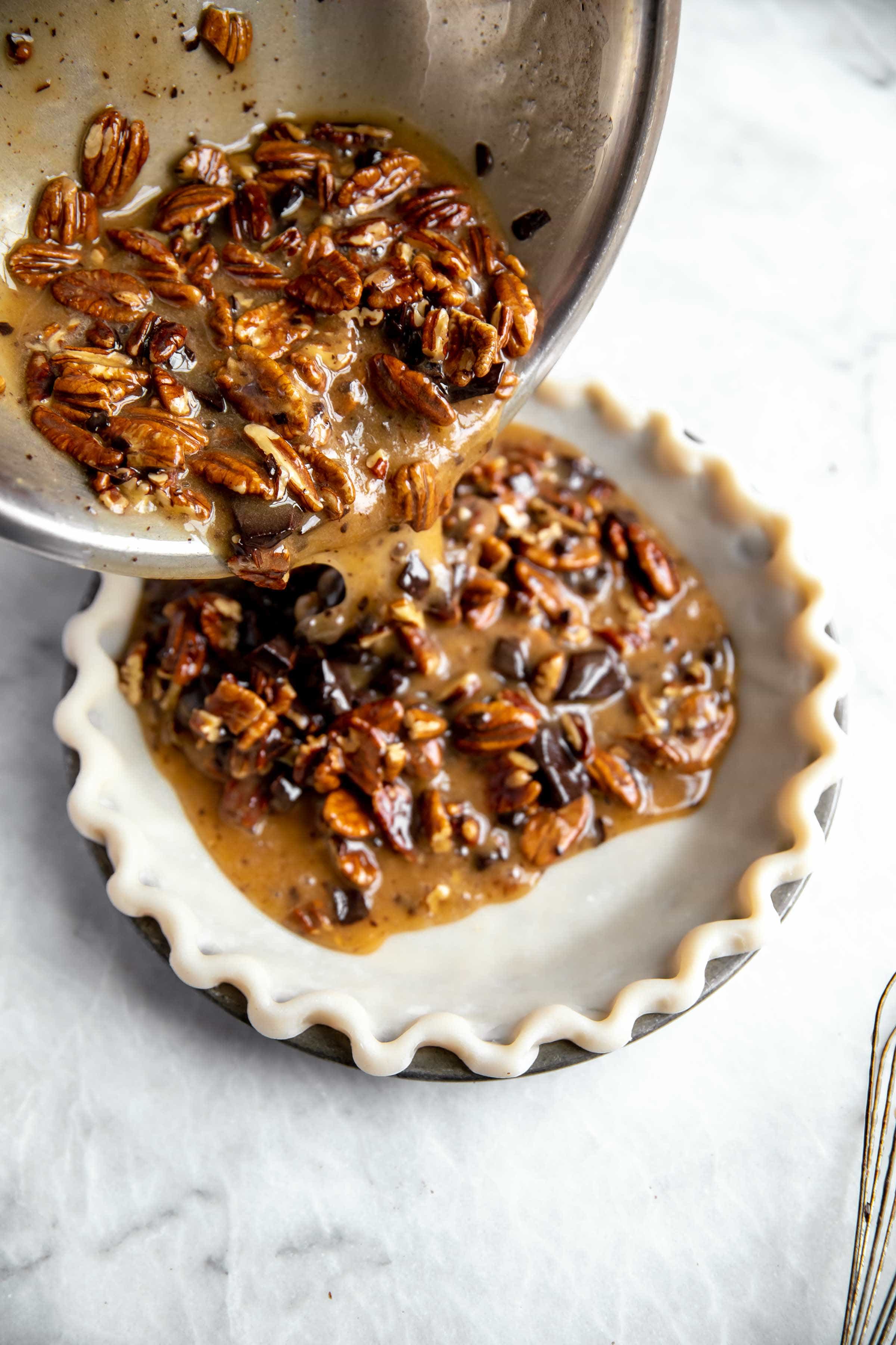 bourbon chocolate pecan pie process shot