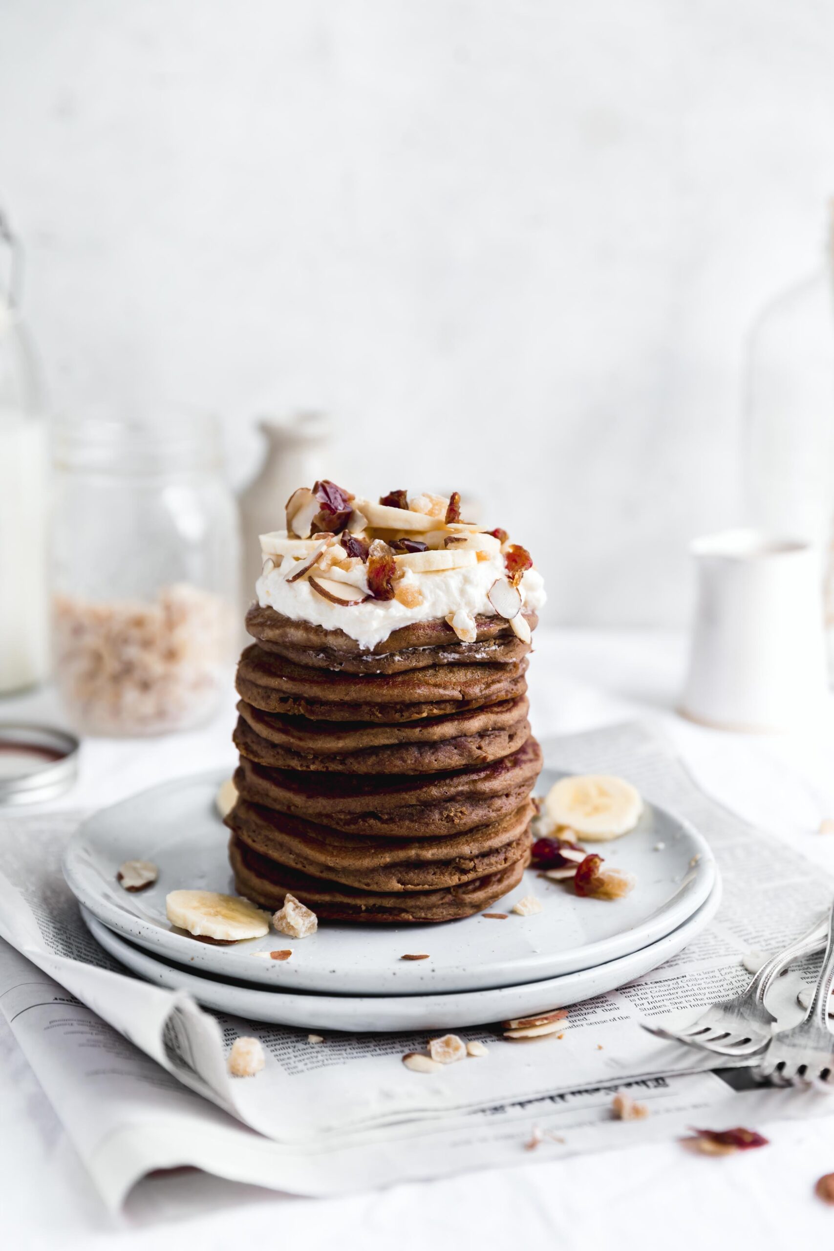 Start your Christmas morning off right with a fat stack of these fluffy gingerbread pancakes. Topped with a healthy pour of maple syrup, these pancakes are perfect for the holidays!