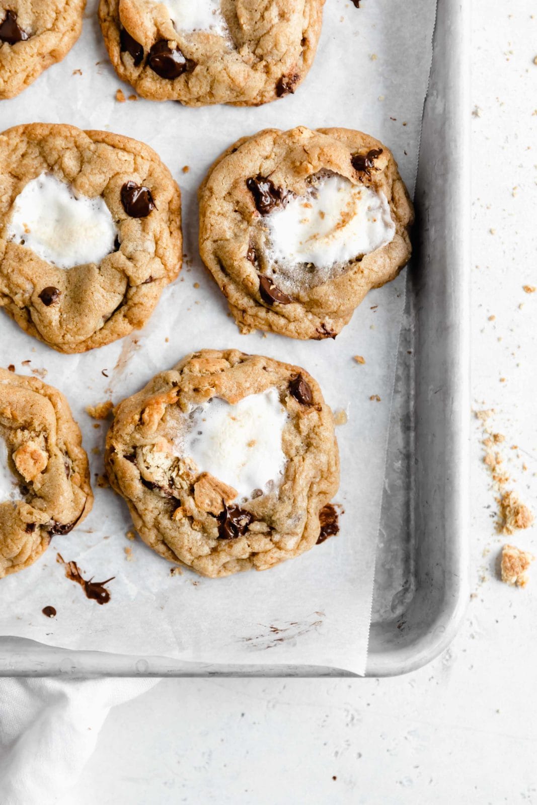 overhead shot of s'mores cookies with a gooey marshmallow center