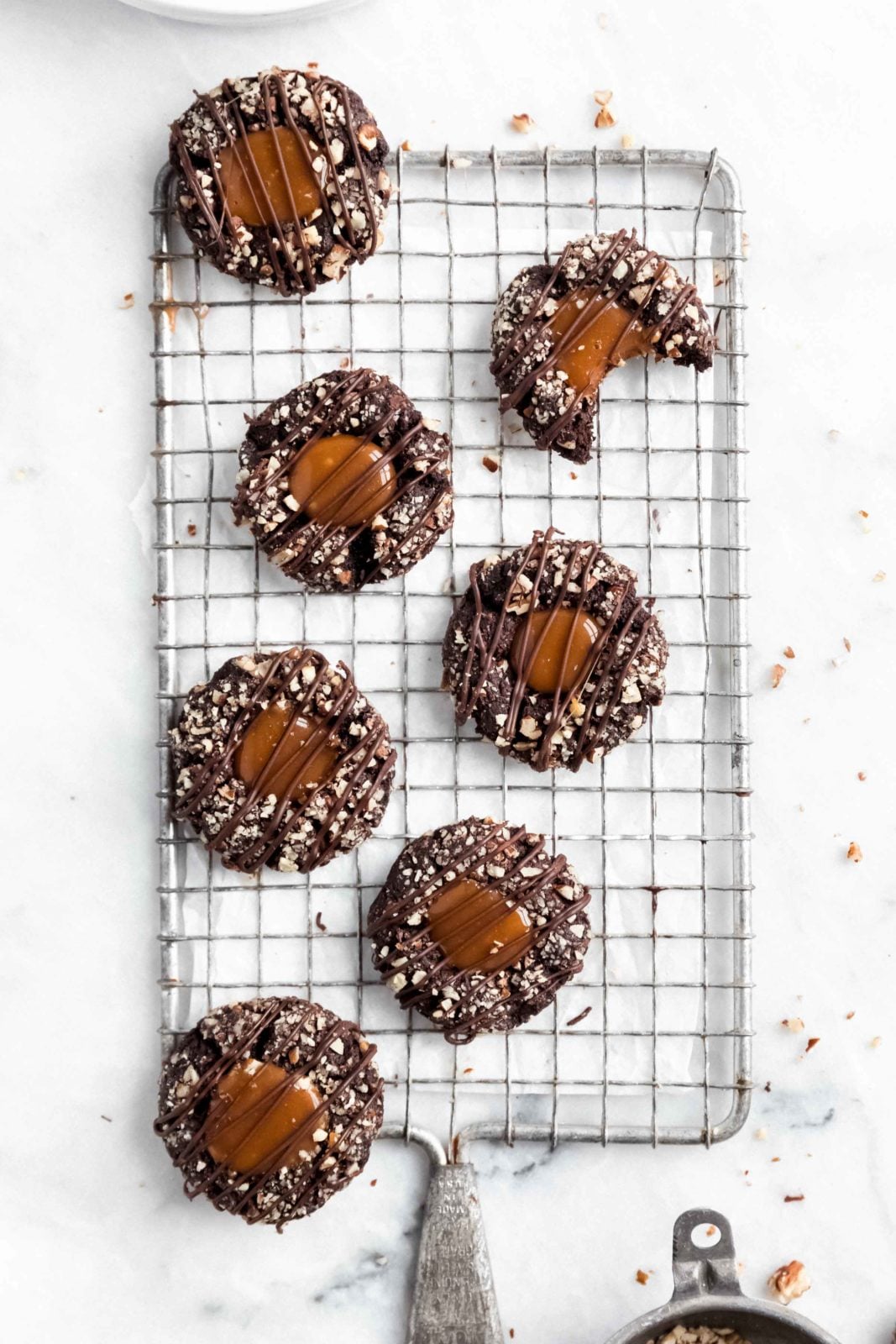 overhead shot of chocolate turtle thumbprints
