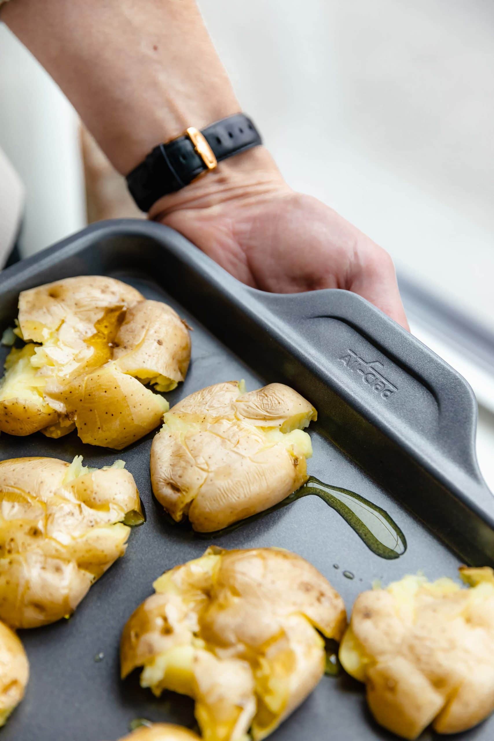 crispy smashed potatoes on all ald pan