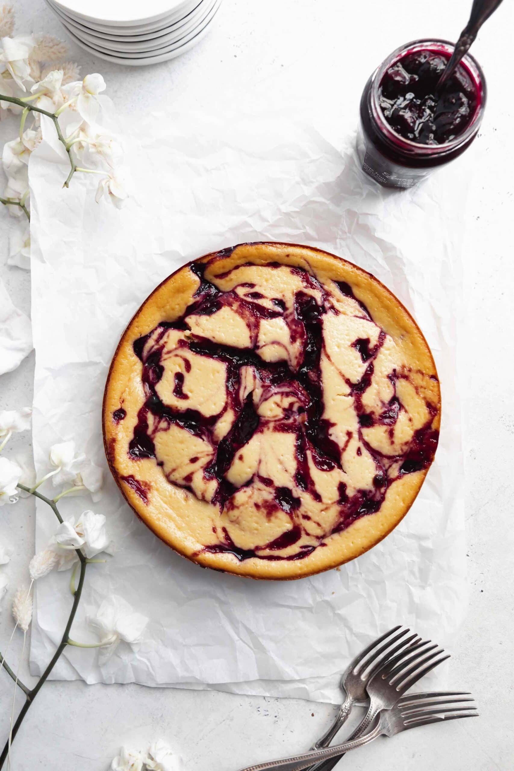 overhead shot of cherry swirled lightened up cheesecake