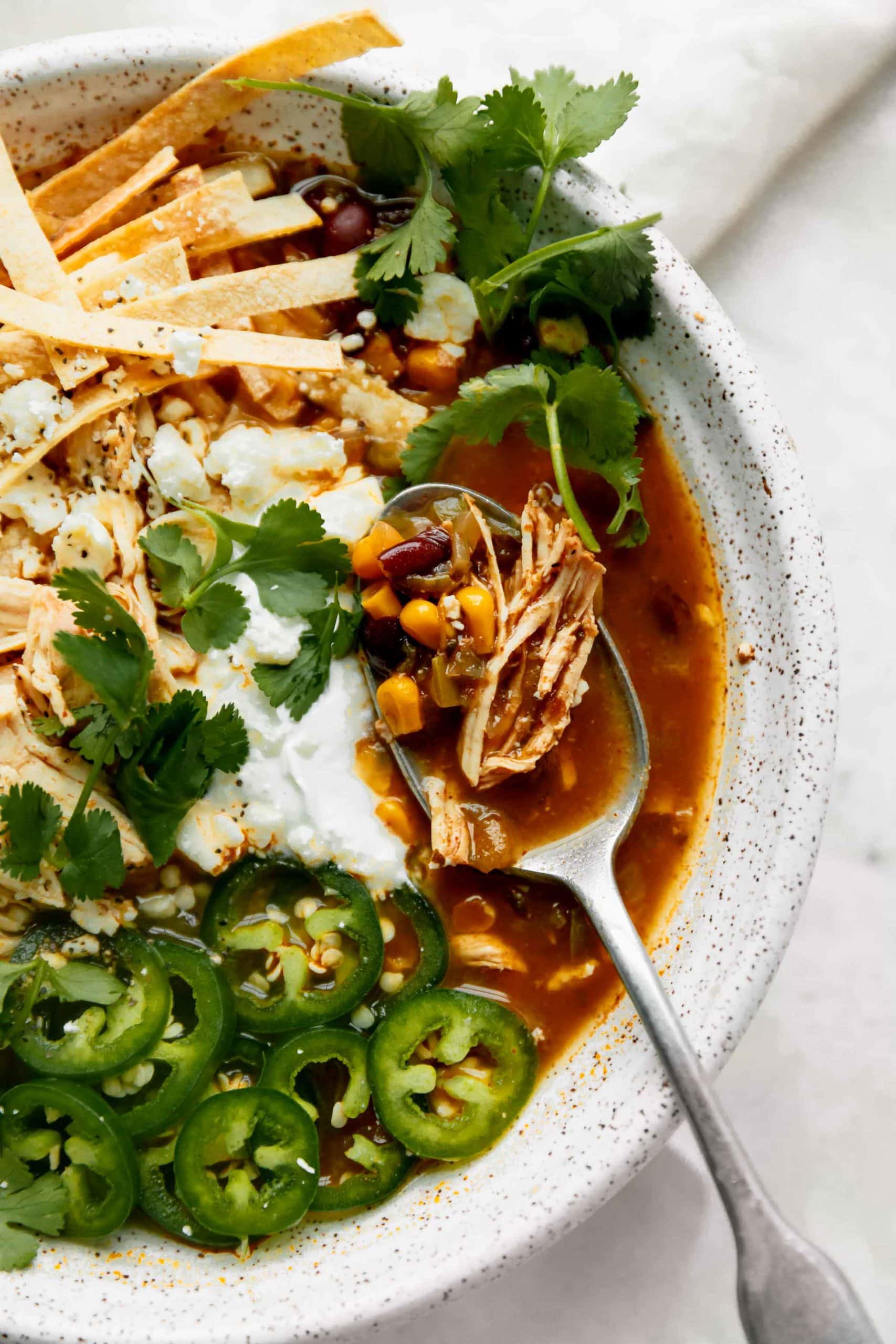instant pot chicken tortilla soup with a spoon