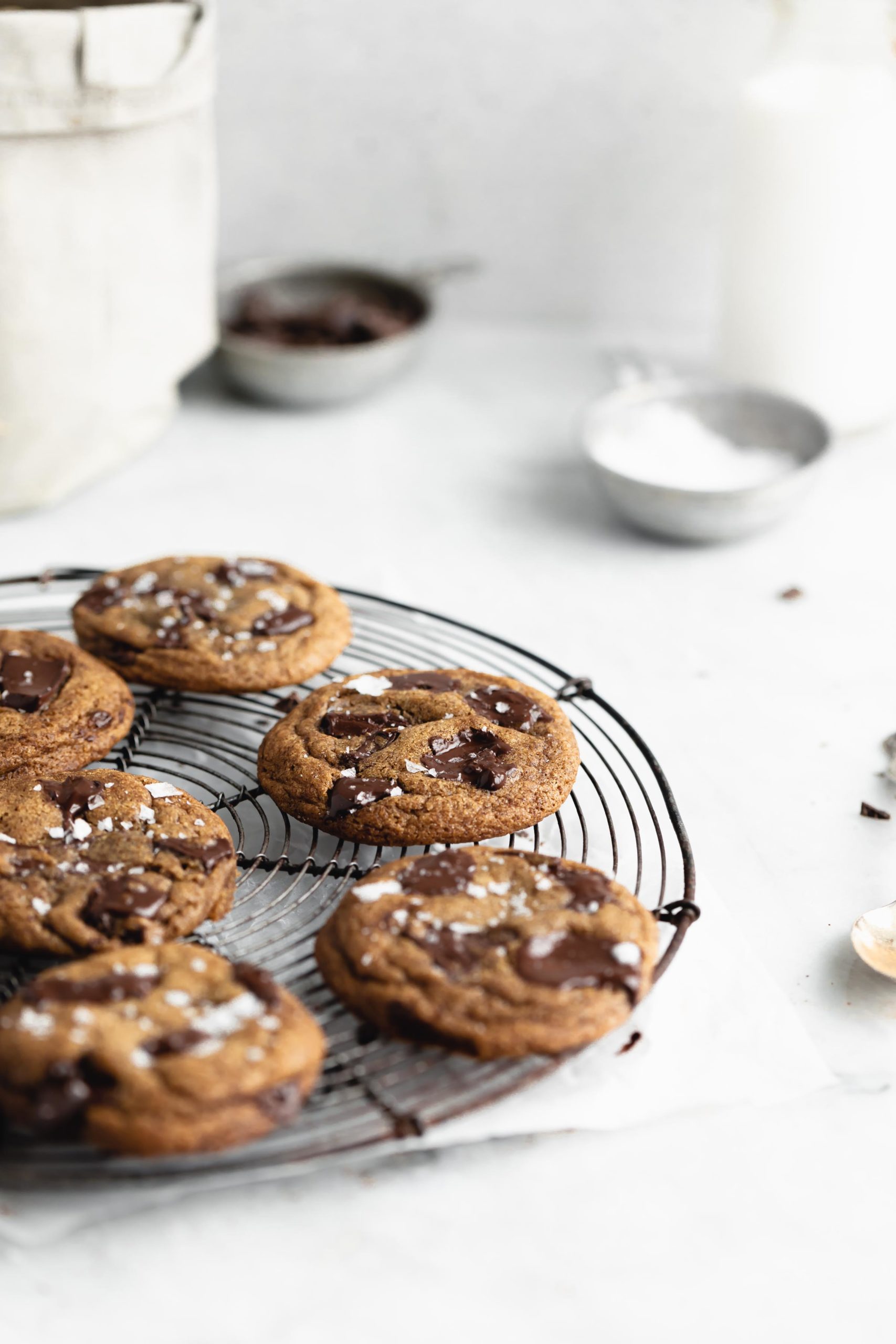 brown butter espresso chocolate chip cookies on a cooling rack