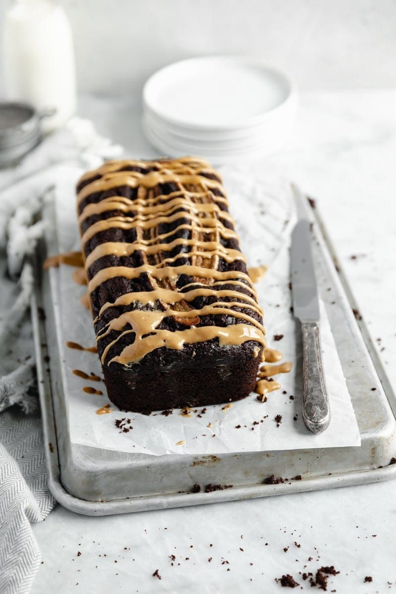 A loaf of Chocolate Peanut Butter Banana Bread