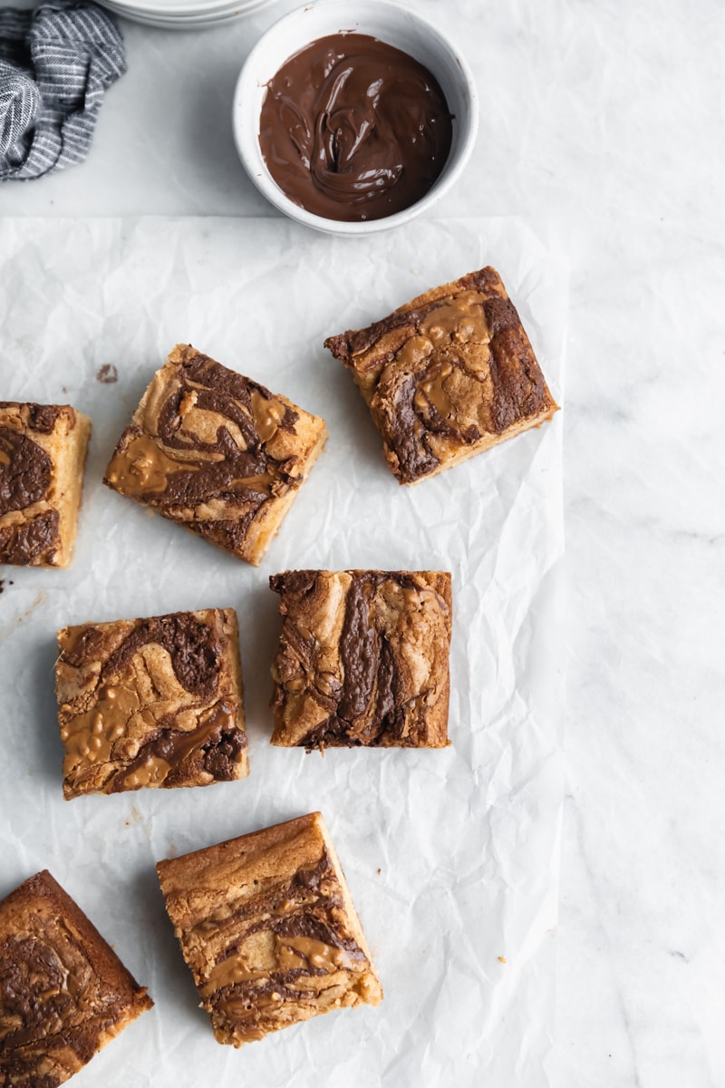 overhead shot of peanut butter nutella swirled blondies