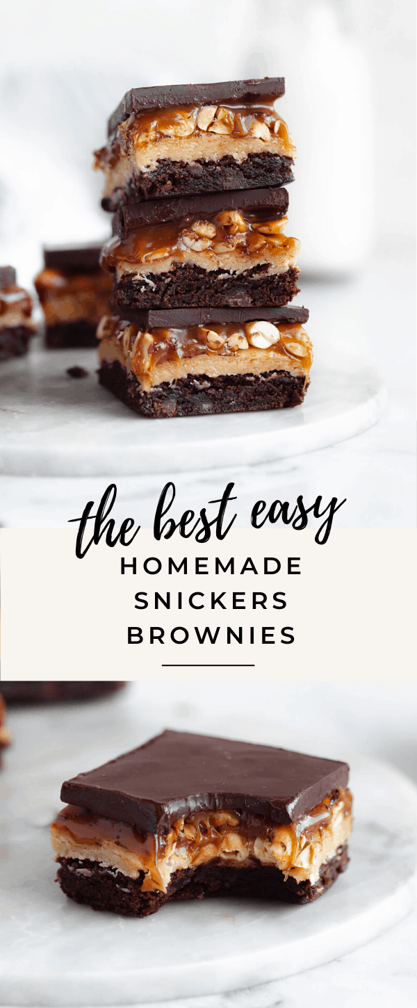 stack of snickers brownies with gooey caramel