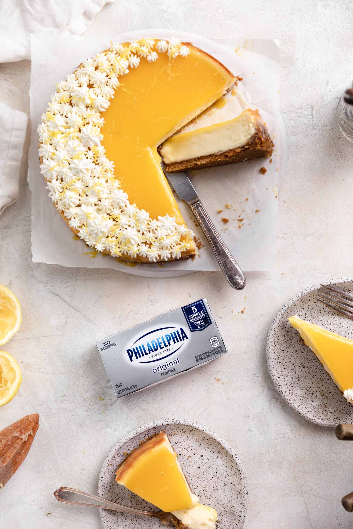 lemon curd cheesecake made with philadelphia cream cheese