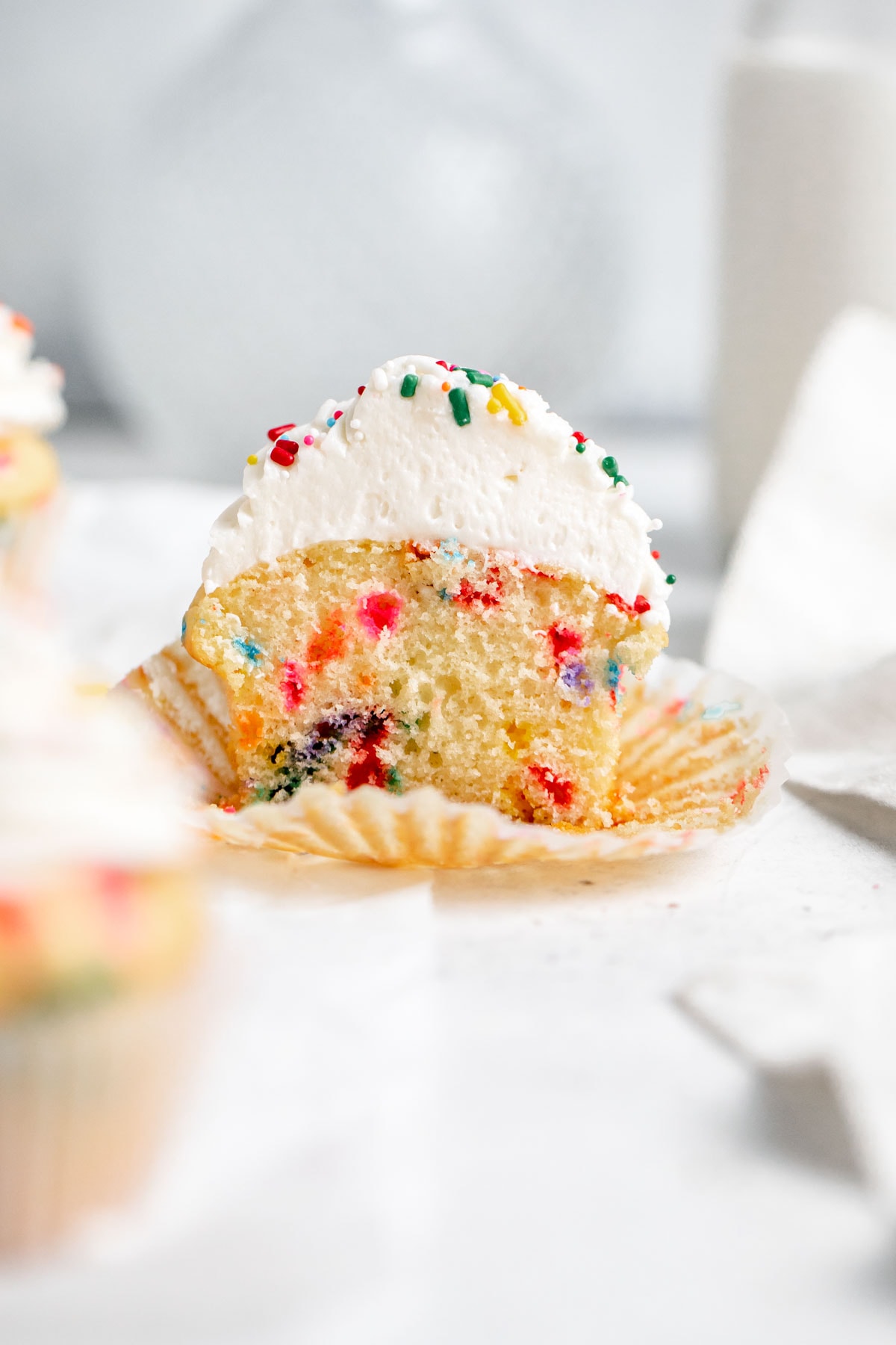 funfetti cupcake cut in half