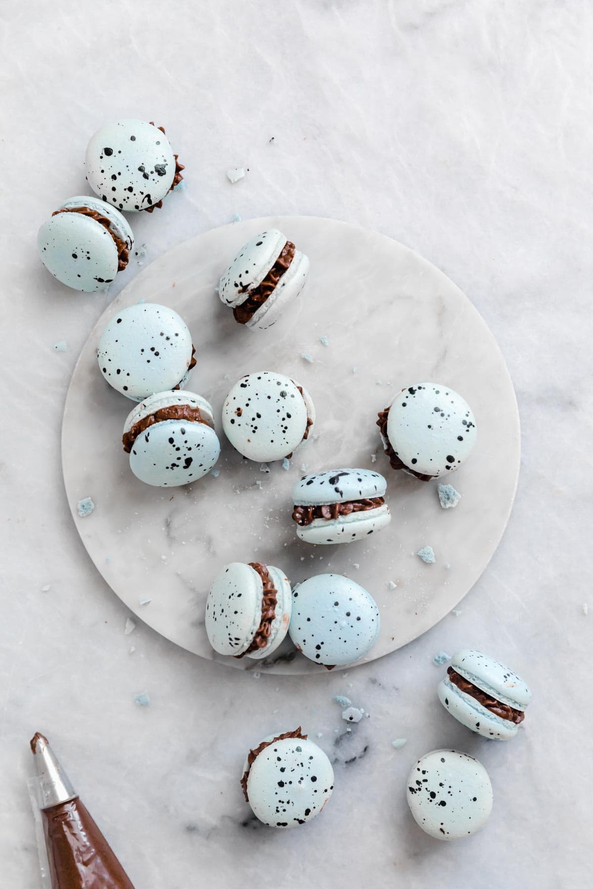 robins egg macarons filled with chocolate buttercream