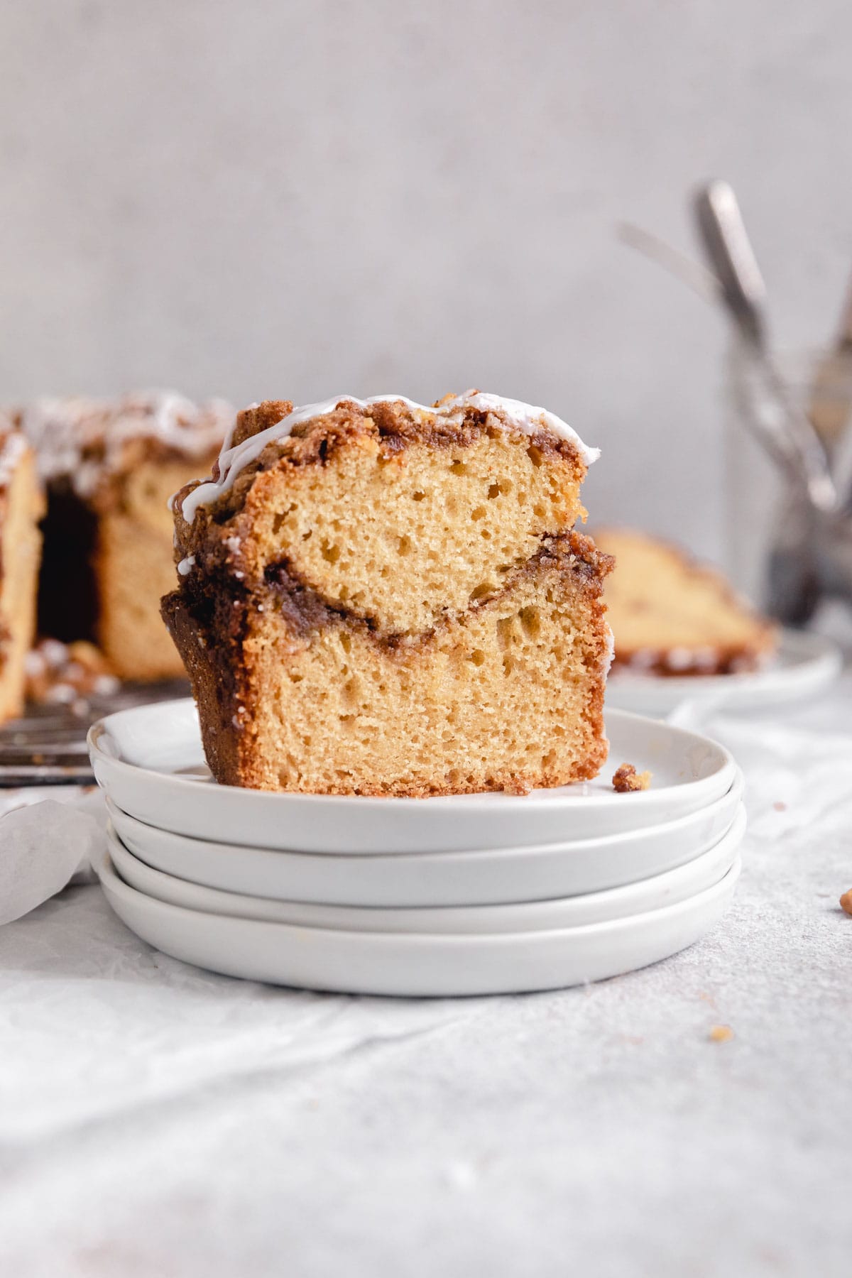 slice of coffee cake with cinnamon sugar swirl