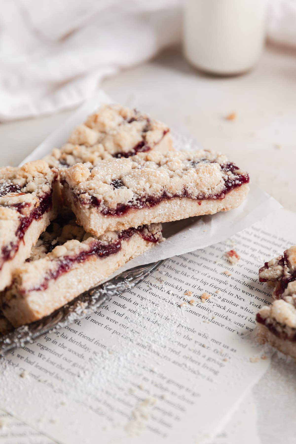 raspberry crumble bars cut into rectangles