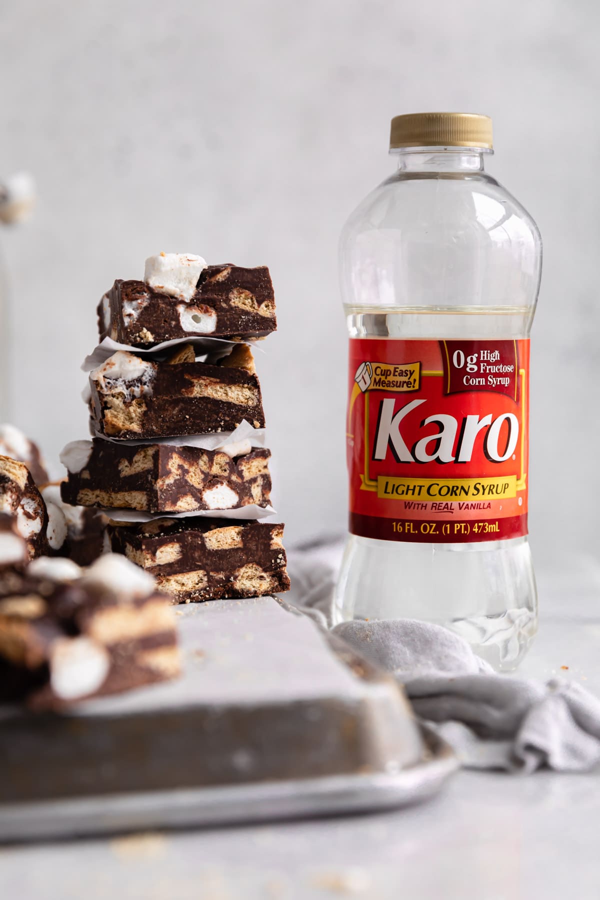 smores fudge stack with karo bottle