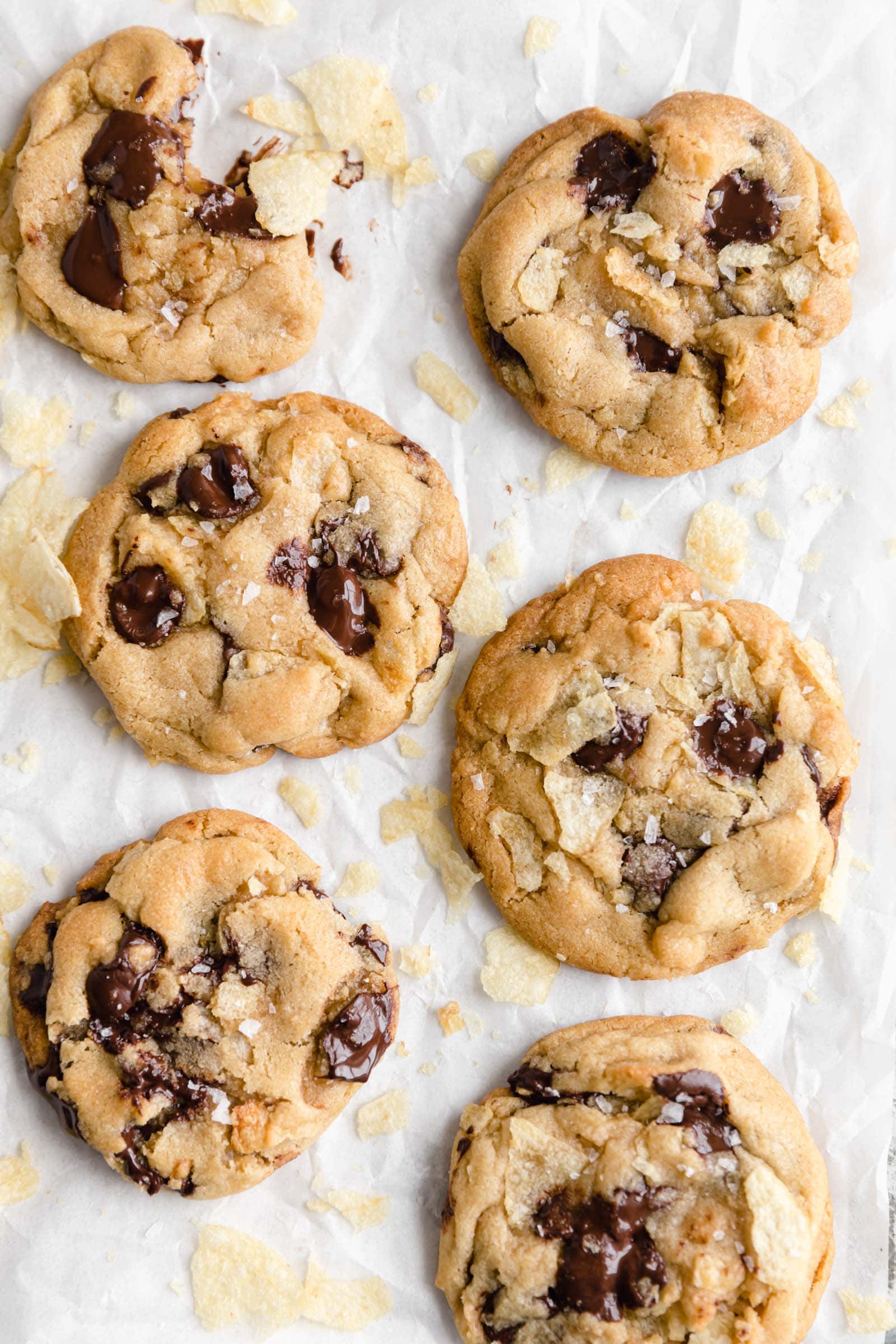 potato chip chocolate chip cookies on parchment paper