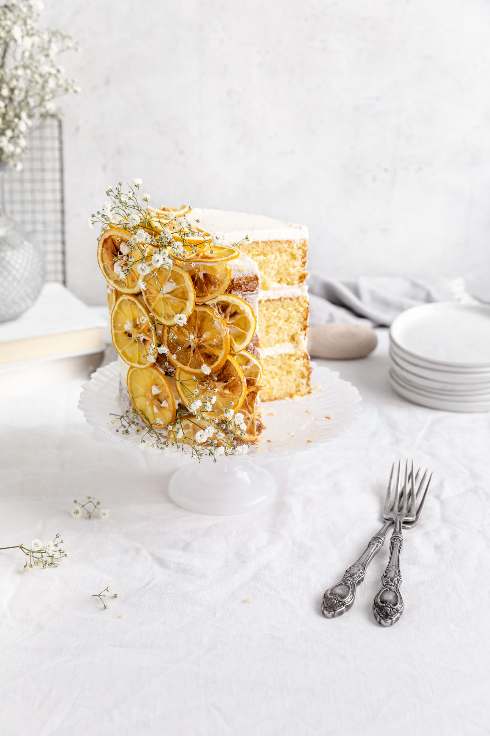 lemon cake with a few slices taken out