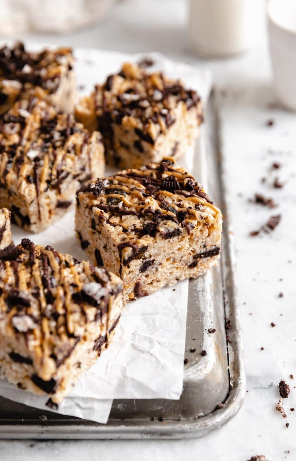 peanut butter oreo rice krispie treats cut into squares