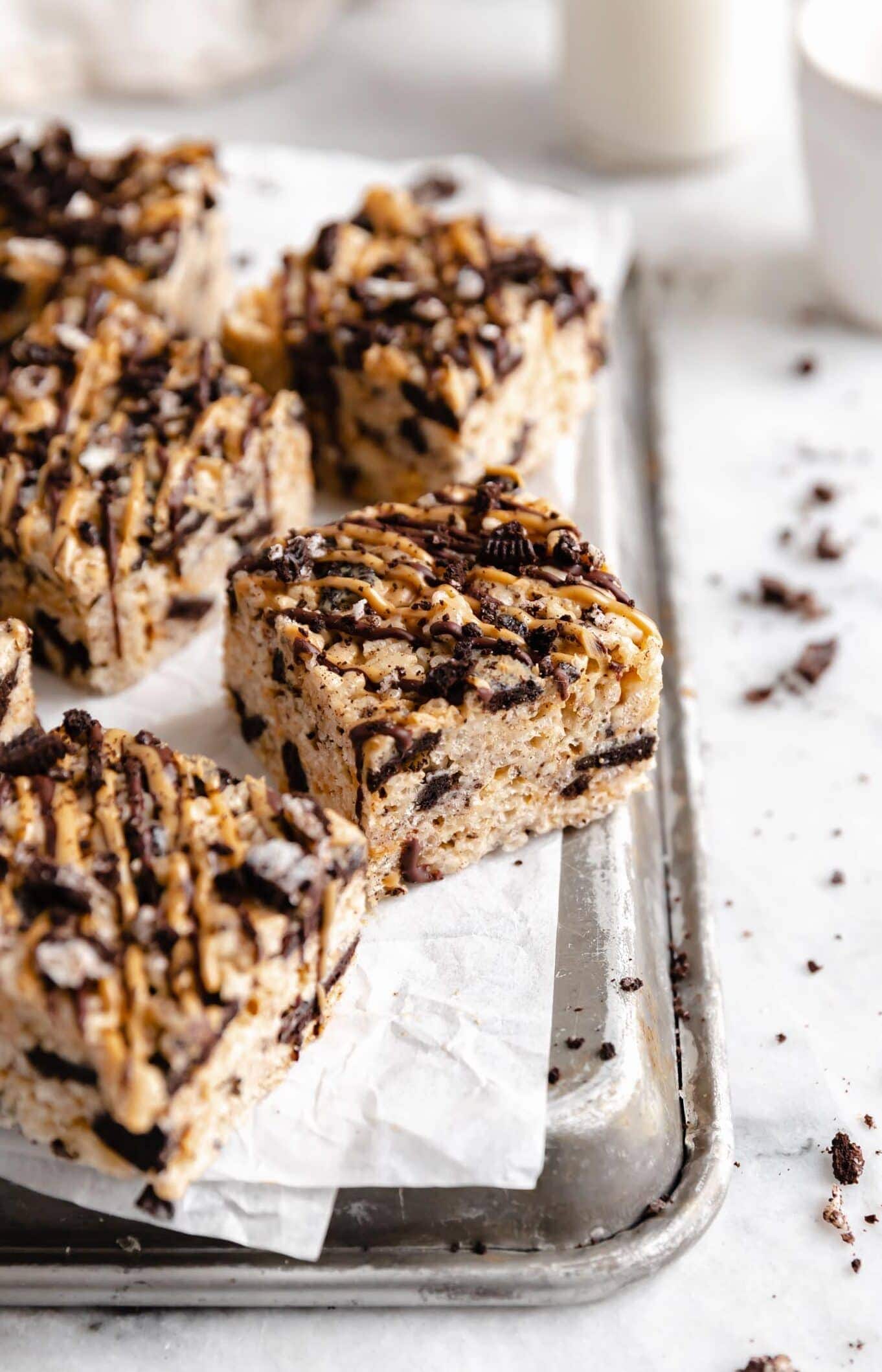 peanut butter oreo rice krispie treats cut into squares