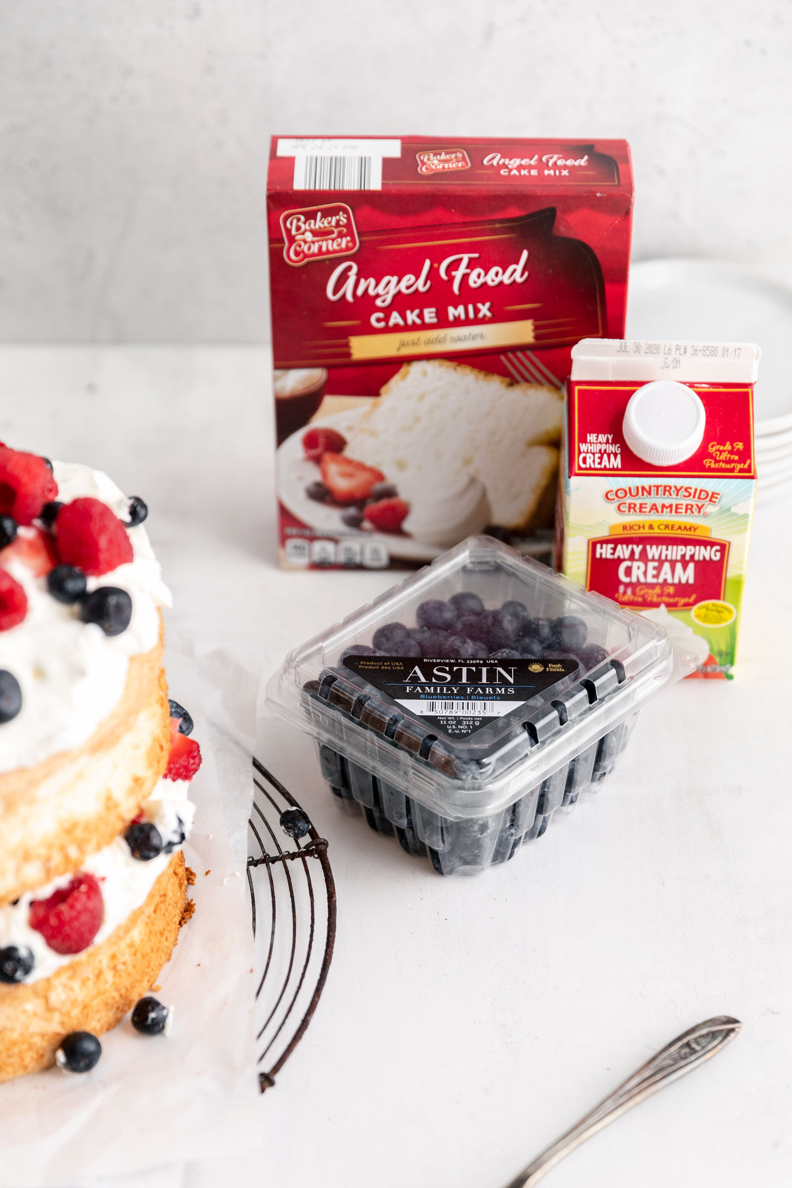 blueberries, cream and angel food cake mix