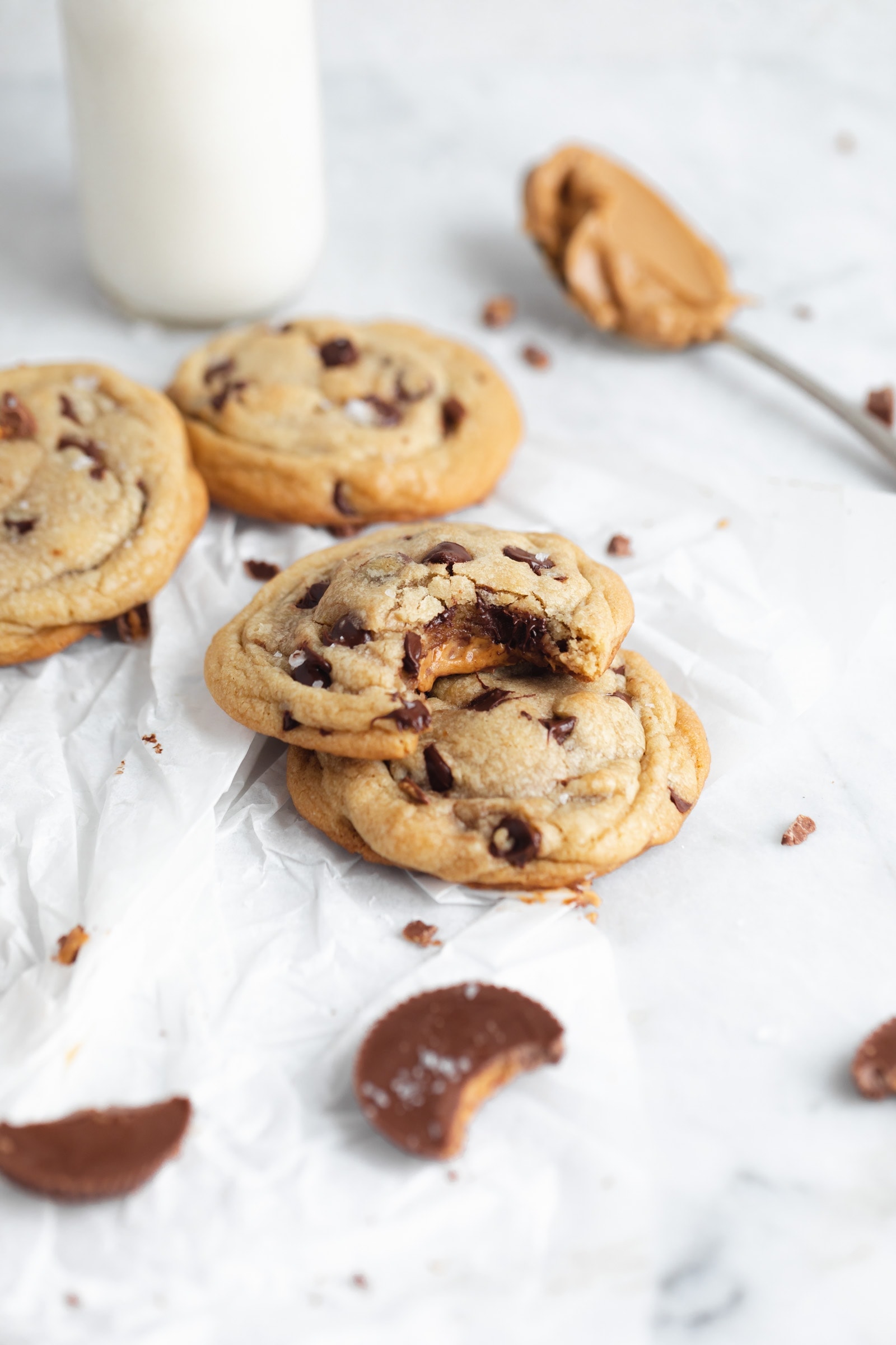 reeses chocolate chip cookies stuffed with a whole peanut butter cup