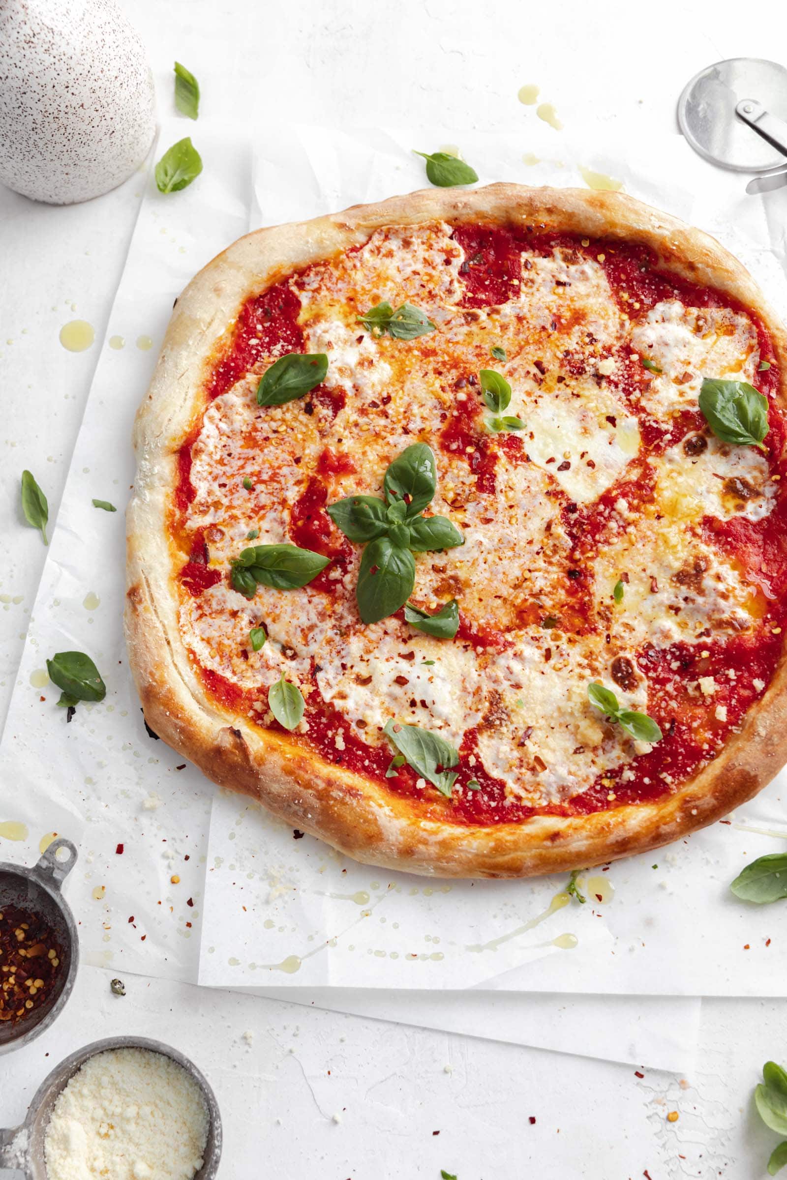 sour dough pizza with mozzarella cheese and basil