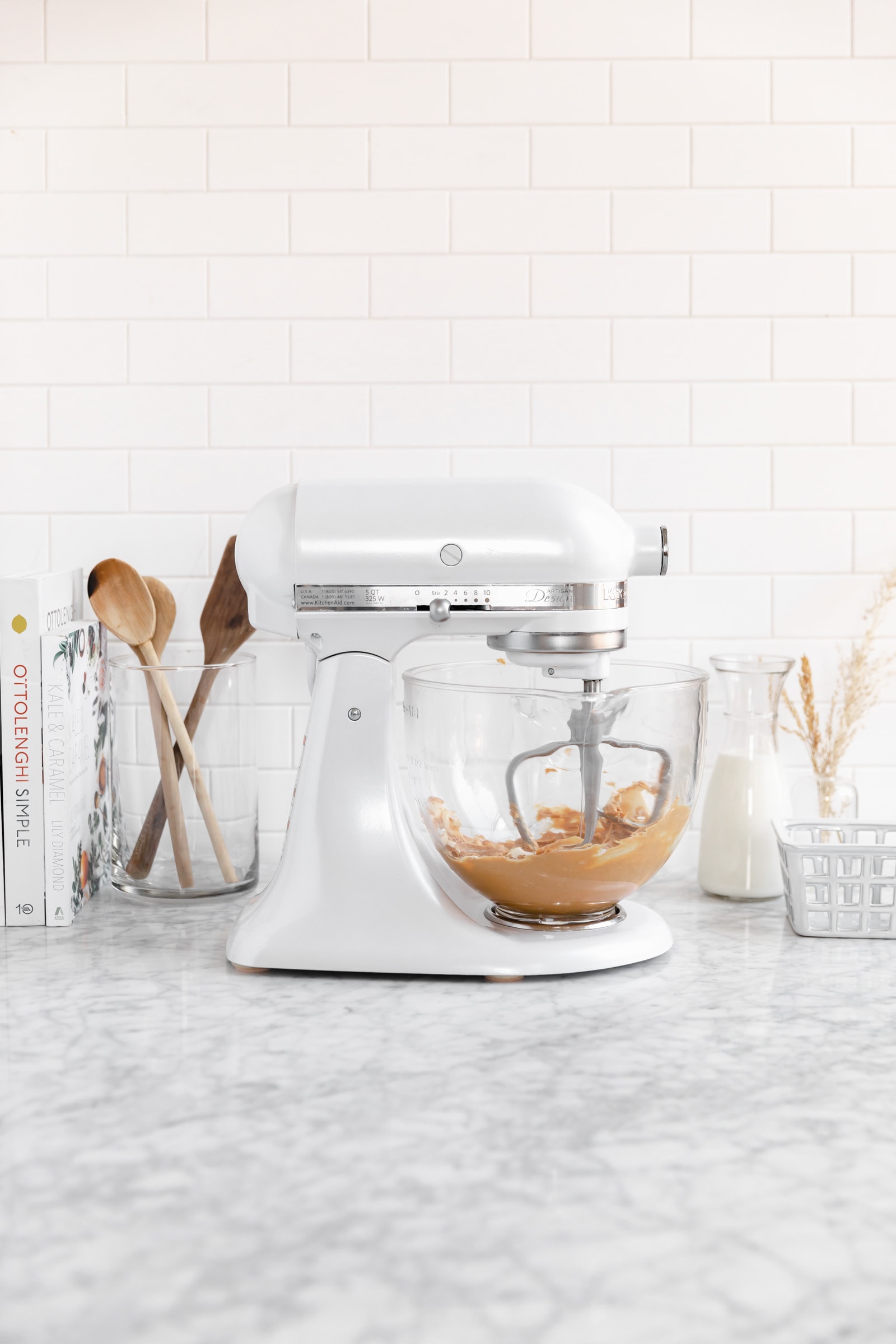 peanut butter and butter in a stand mixer