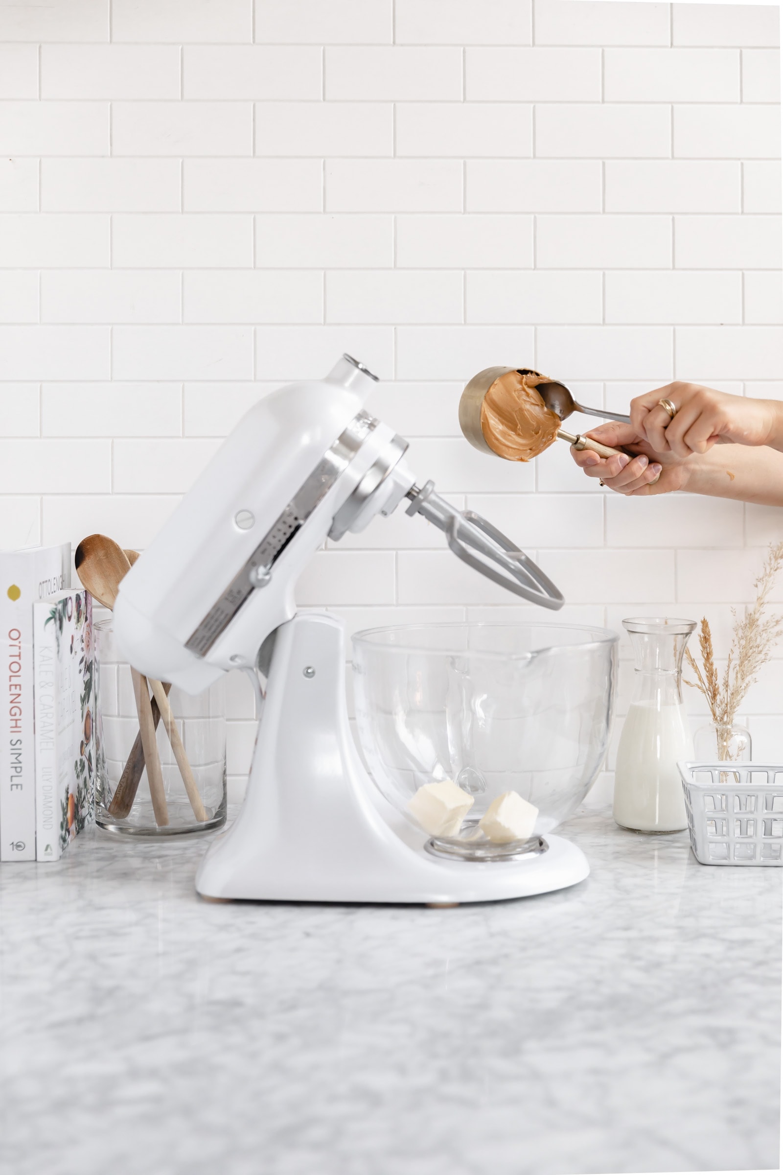 peanut butter going into stand mixer