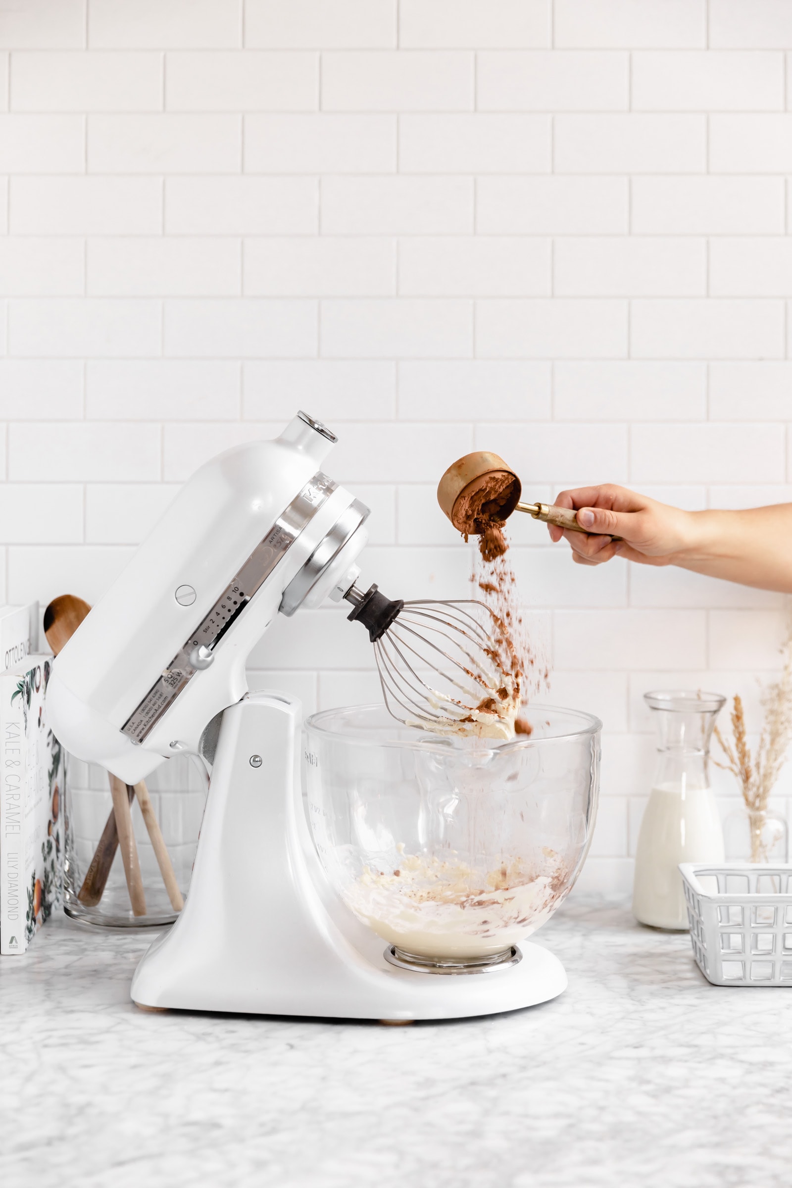 cocoa powder going into mixer