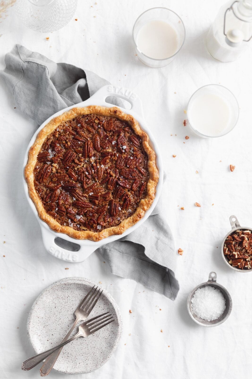bourbon pecan pie in a pie dish