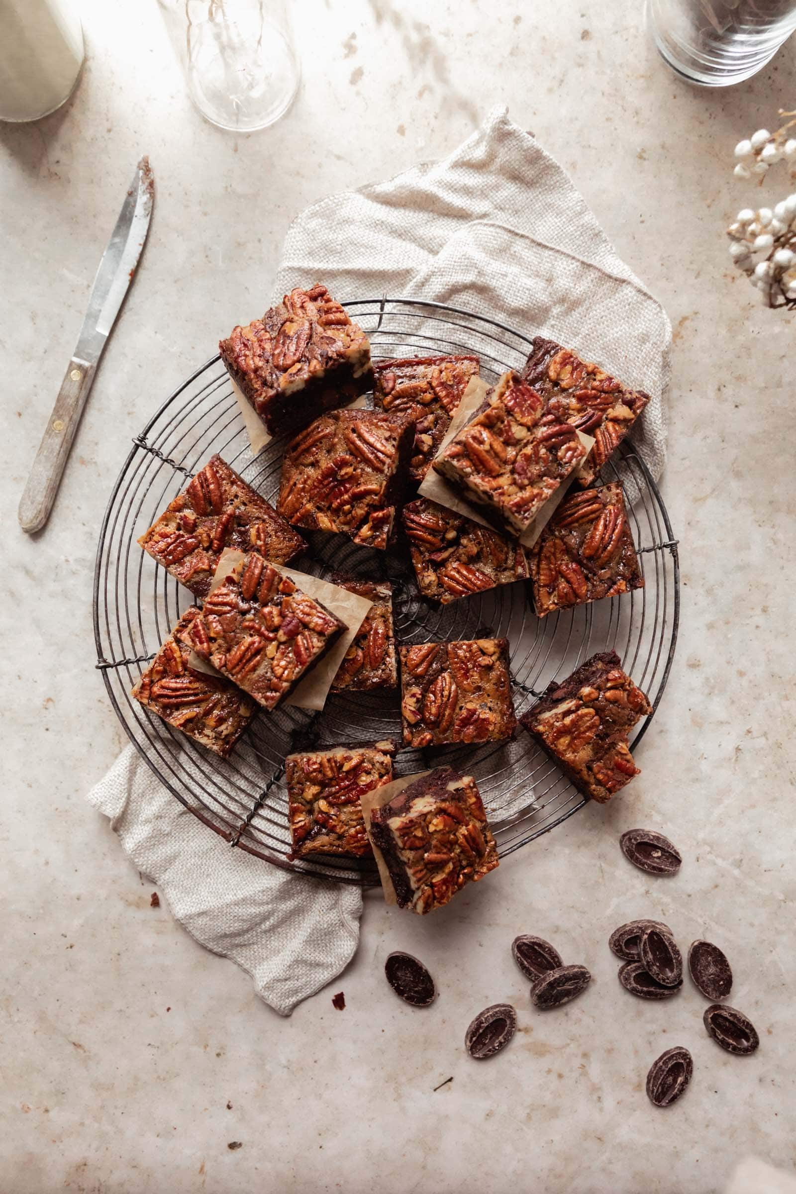 pecan pie brownies on a cooling rack