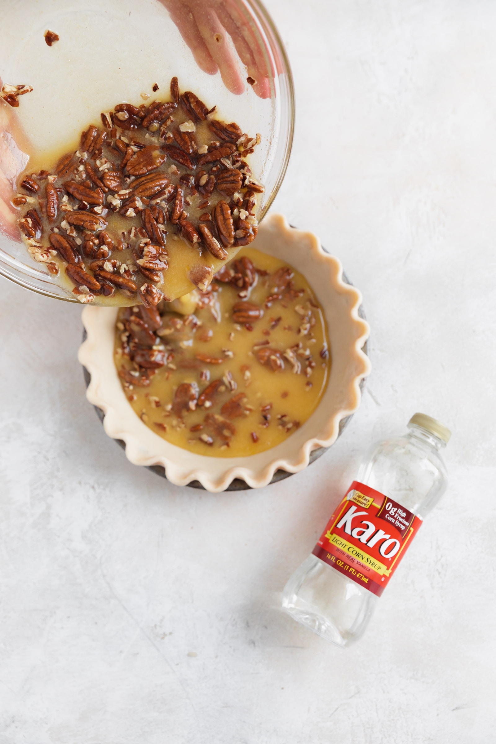 pecan pie filling going into pan