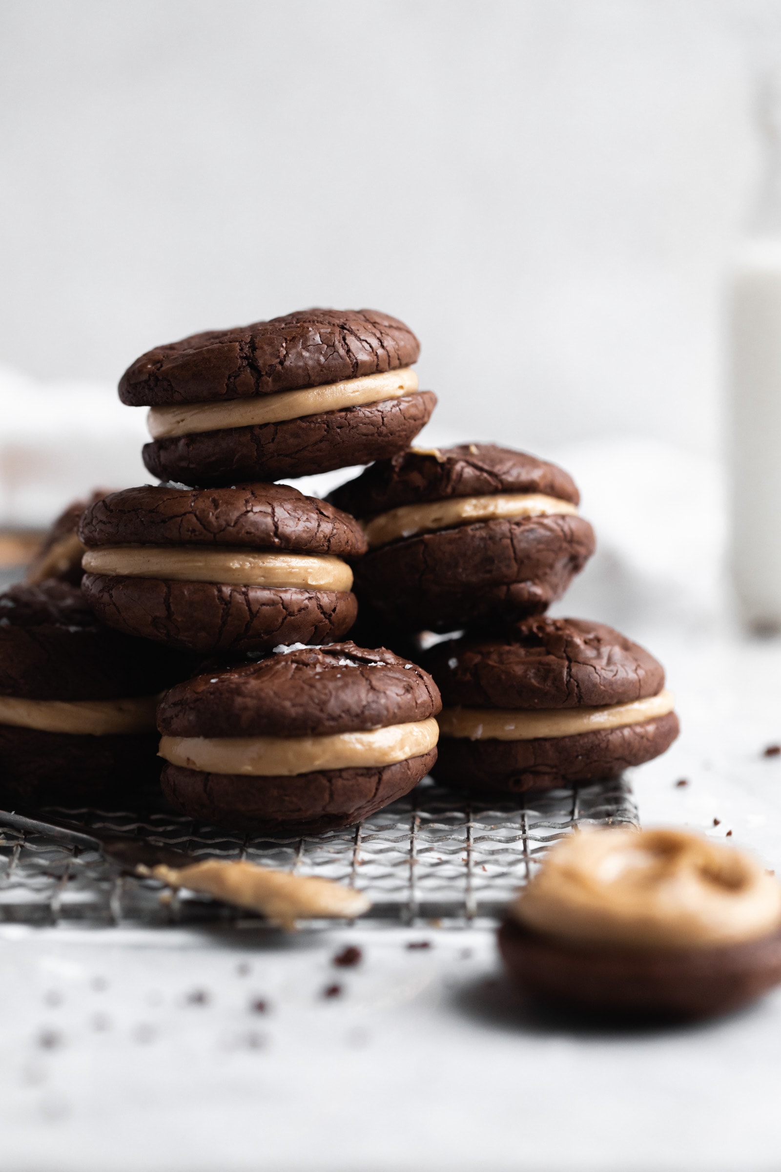 stacks of peanut butter chocolate sandwich cookies
