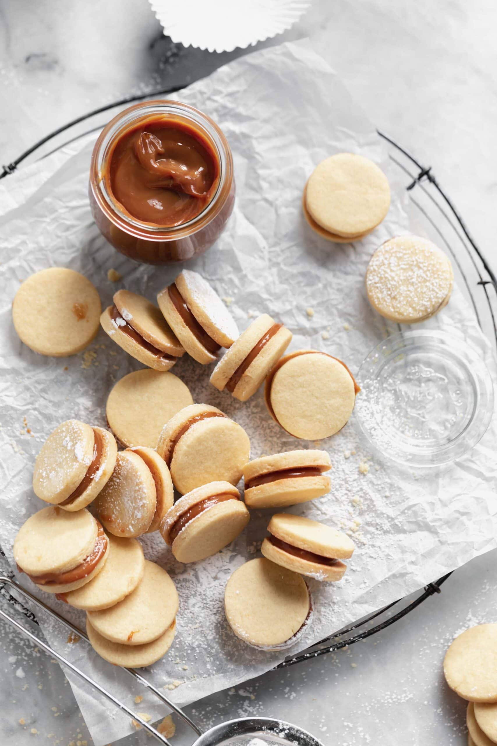 homemade alfajores with dulce de leche in the middle