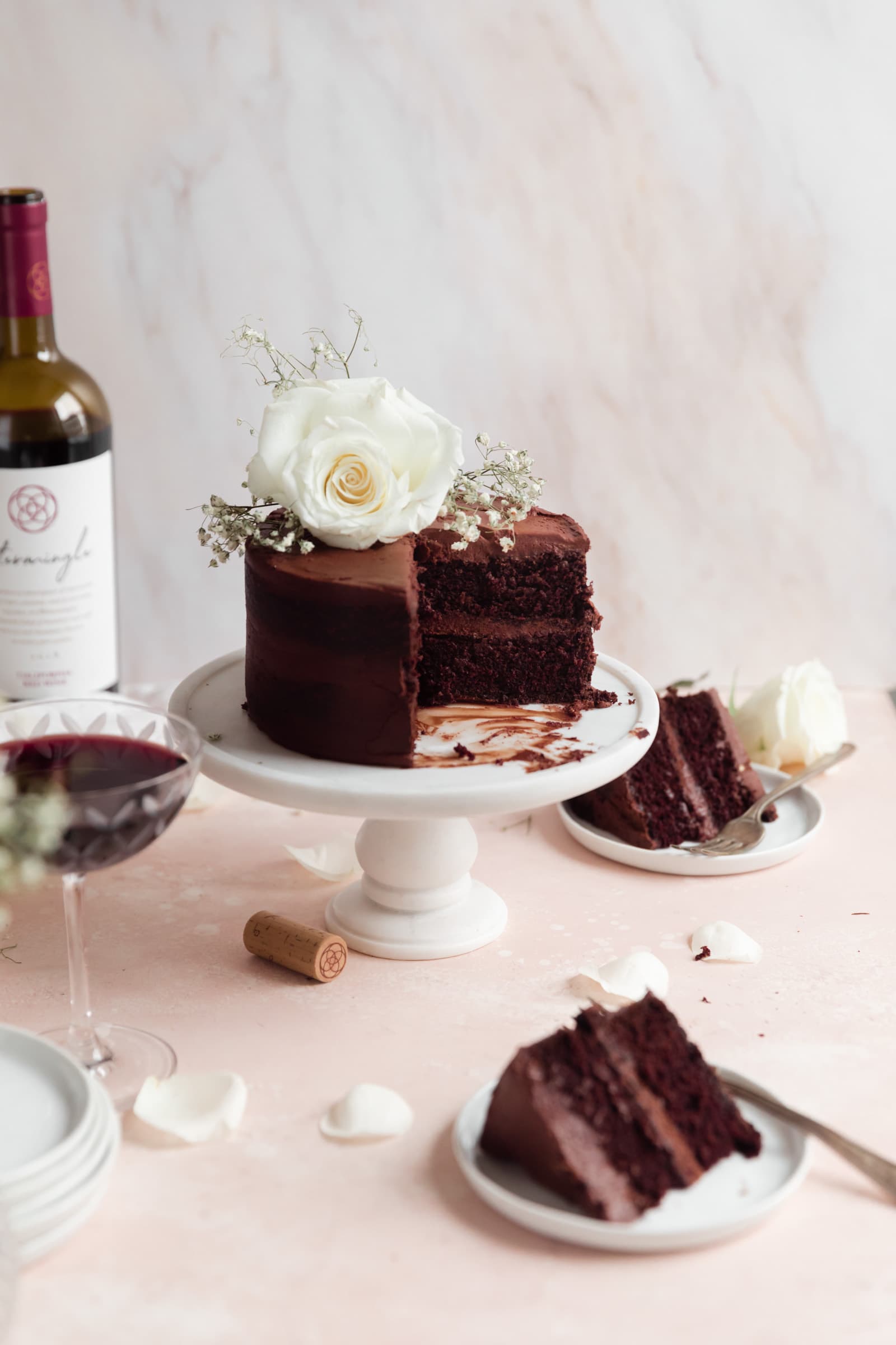 red wine chocolate cake with slices out