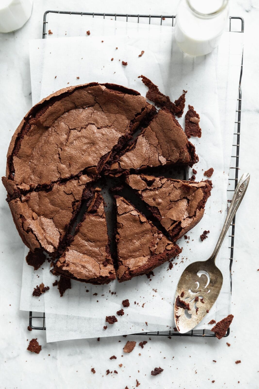 fallen chocolate cake cut into slices
