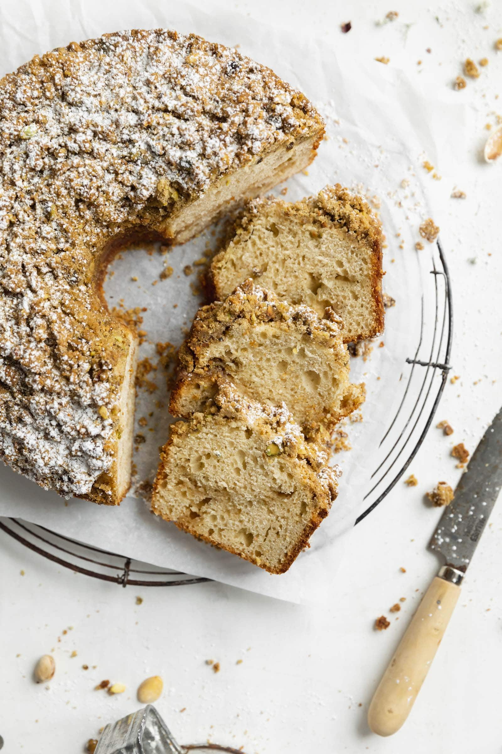 cardamom pistachio coffee cake with pistachio streusel
