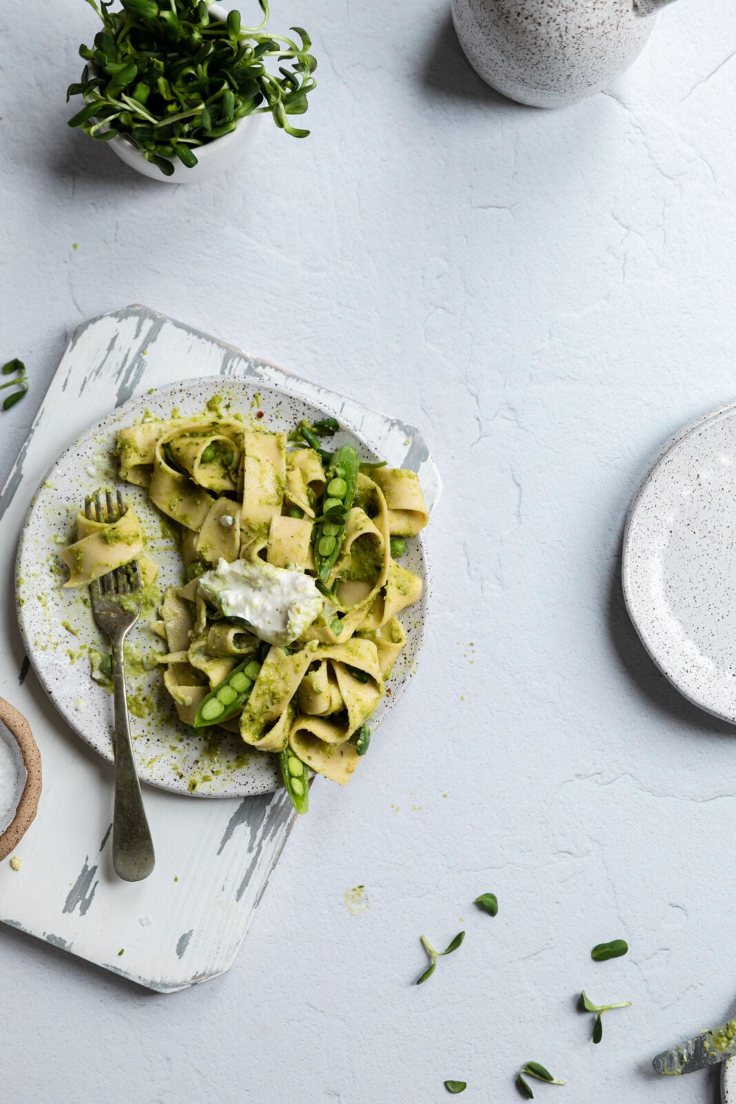 pea pesto pasta on a plate