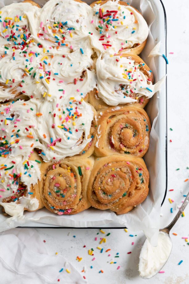 funfetti sweet rolls in a pan