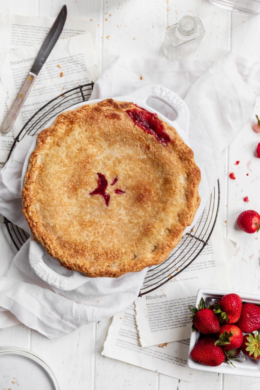 strawberry rhubarb pie in a pie dish