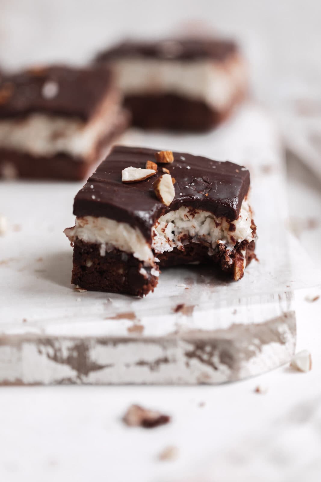 almond joy brownie with a bite taken out of it