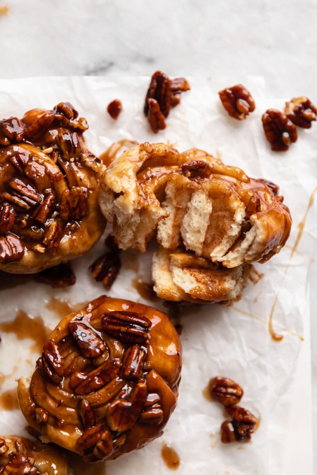 caramel pecan sticky buns cut in half