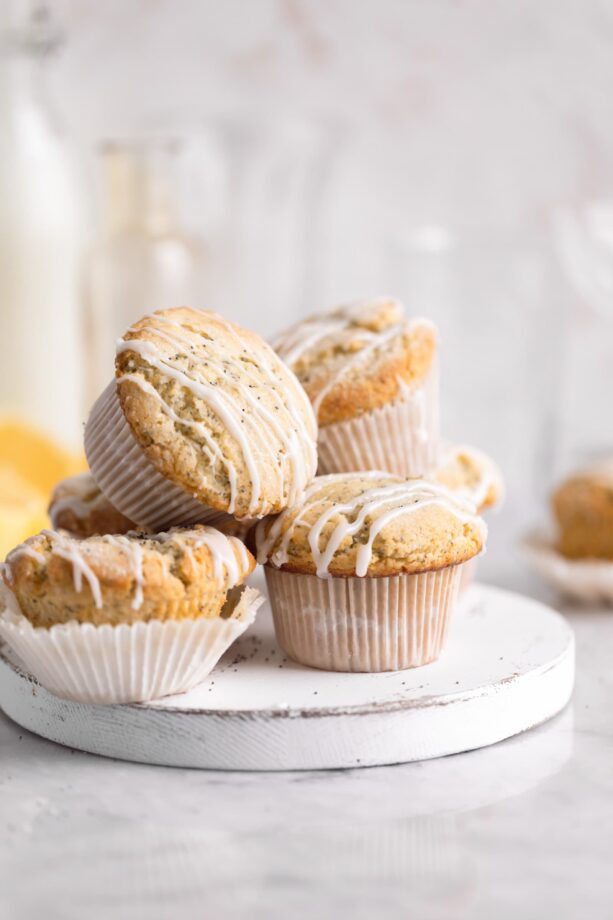 lemon poppy seed muffins drizzled with glaze
