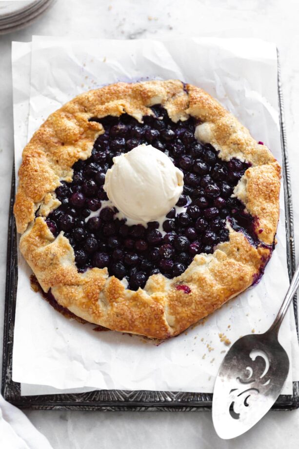 blueberry galette with vanilla ice cream scoop