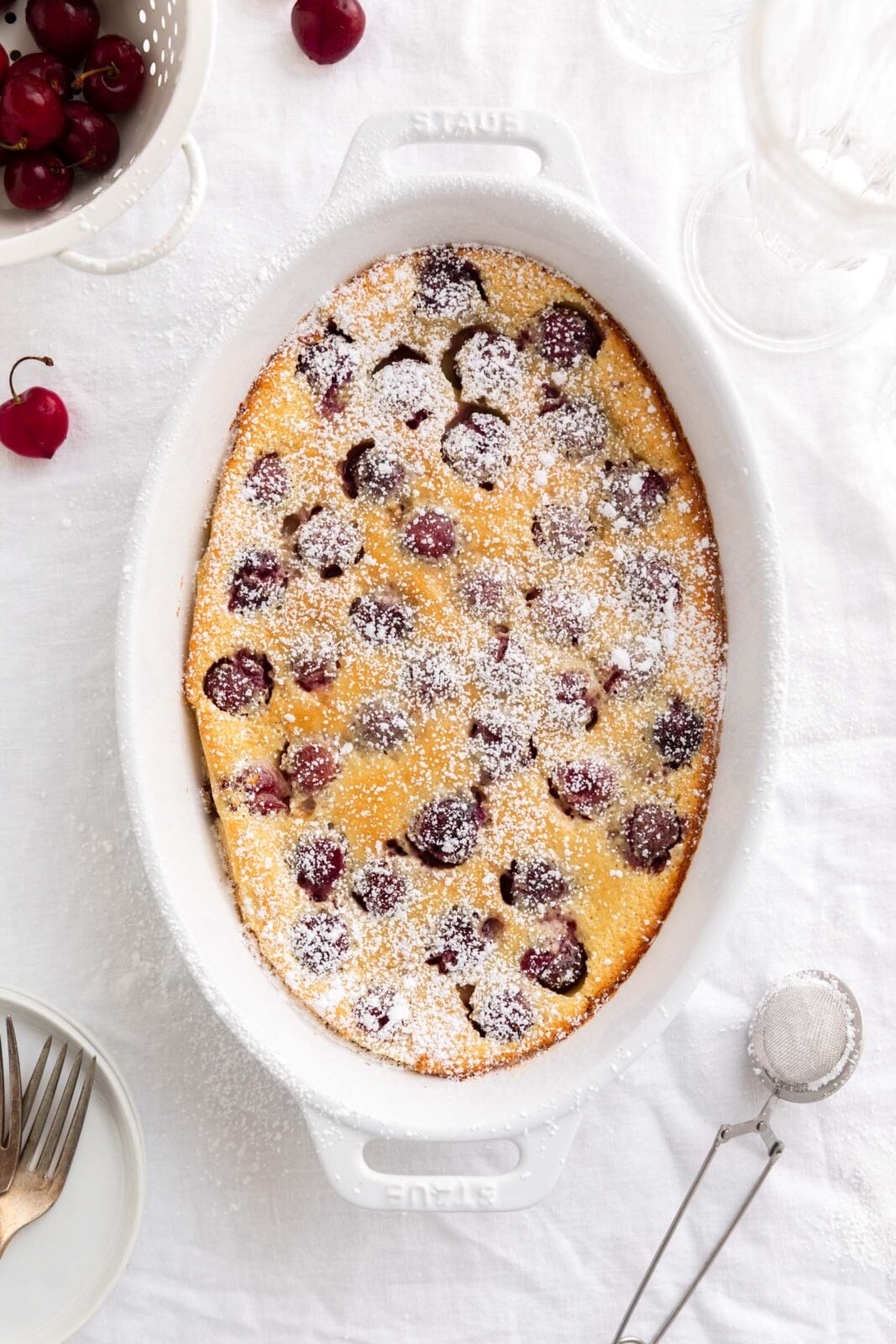 cherry clafoutis in baking dish