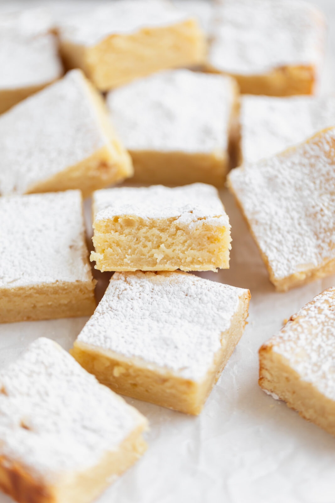 white chocolate brownies on parchment paper