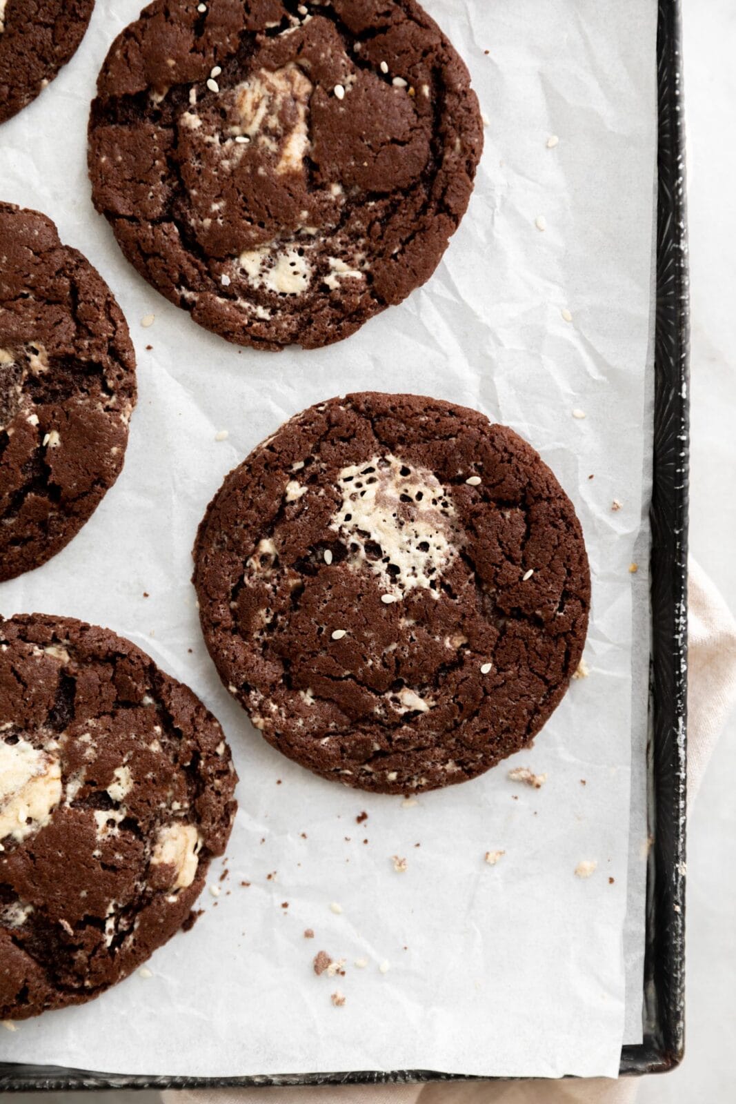 chocolate halva cookies on cookie sheet